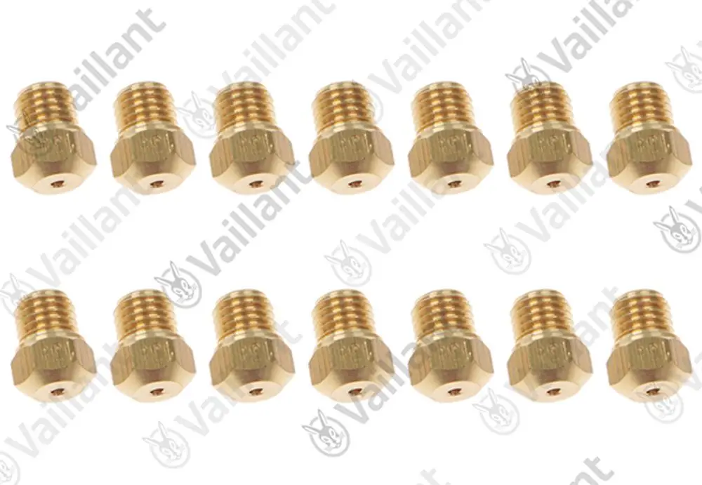Set mit 14 Brennerdüsen in Messingoptik von Vaillant, mit unterschiedlichen Gewindeformen.